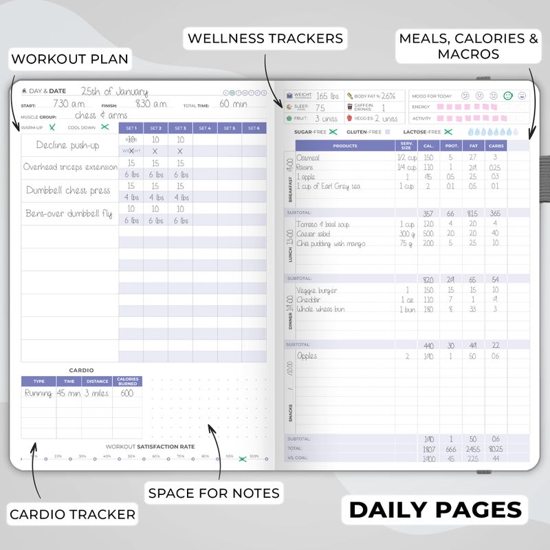 Clever Fox Fitness & Food Journal - Nutrition & Workout Planner for Women & Men - Diet & Gym Exercise Log Book with Calendars, Diet & Training Trackers - Undated, A5 Size, Hardcover (Grey) - Image 5